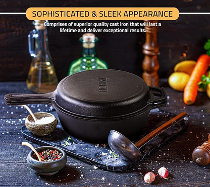 KICHLY Combo Cooker Cast Iron Dutch Oven with Lid 2 in1, Pre-seasoned Multi Cookware Skillet, 3.2QT Cast Iron Pan Dutch Oven Deep Pot with Frying Pan 10.25 Inch, Grill Induction Stovetop Camping