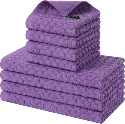 Homaxy 100% Cotton Kitchen Towels and Dishcloths Set, 12 x 12 & 15 x 25 Inches, Set of 8 Bulk Terry Cloth Dish Towels, Super Soft and Absorbent Hand Towel with Hanging Loop, Purple