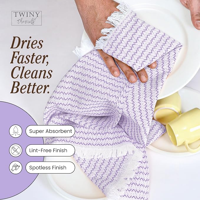 TWINY threads Kitchen Towel Chevron Pattern, Premium Large Kitchen Linen Set, 100% Cotton Wash Rags, Absorbent Quick Drying Cloths, Washable Reusable Multi Purpose, Set of 4, 16x26 Inches, Lavender