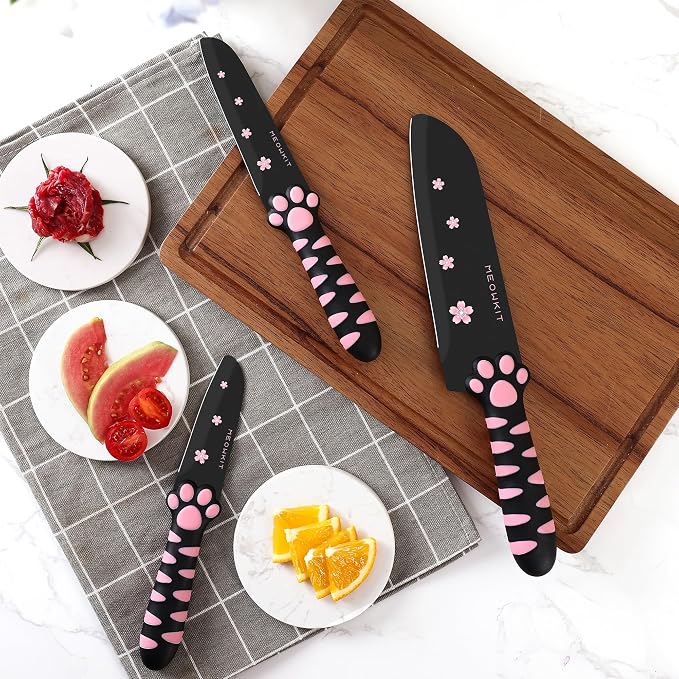 Cute Kitchen Knife Set, Dishwasher Safe, 5 pieces Non-Stick Knives,Sharp for Chopping, Slicing, Dicing and Cutting, Cat Paw Handle