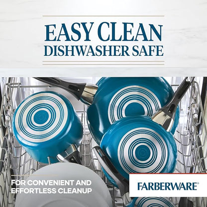 Farberware Dishwasher Safe Aluminum Nonstick Cookware Pots and Pans Set, 15-Piece, Teal