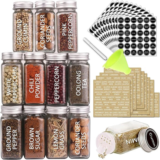 SWOMMOLY 36 Glass Spice Jars with 703 Spice Labels, Empty Square Spice Bottles 4 oz with Pour/Sift Shaker Lid, Airtight Cap, Chalk Marker and Funnel Complete Set