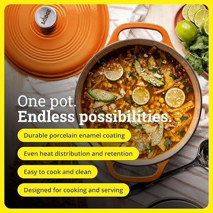 Lodge Essential Enamel Cast Iron Dutch Oven 6 Quarts - Perfect for Bread Baking, Braising, Marinating & Slow Cooking, Features Moisture-Sealing Lid & Dual Handles, Kitchen Essentials, Pumpkin