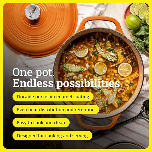 Lodge Essential Enamel Cast Iron Dutch Oven 6 Quarts - Perfect for Bread Baking, Braising, Marinating & Slow Cooking, Features Moisture-Sealing Lid & Dual Handles, Kitchen Essentials, Pumpkin