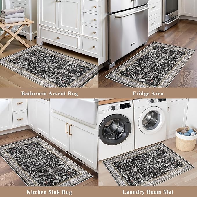 Kitchen Rugs Set of 2 Washable Non Slip – Soft Low Pile Boho Floral Decorative Area Rugs & Runner Mats for Kitchen Floor, Entryway, Hallway, Doorway & Bathroom – Indoor Small Rugs (Black, 2x3+2x4)