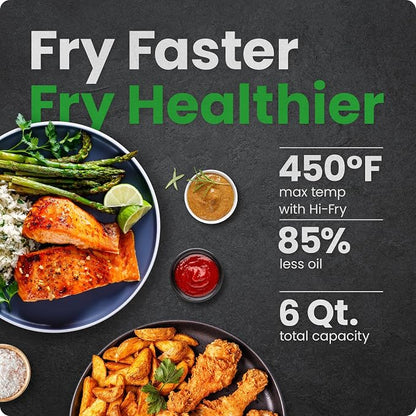 Chefman Air Fryer 6 Qt | TurboFry® 5-in-1 with 450°F Hi-Fry Option for Crispier Results | Bake, Dehydrate, Frozen | XL Nonstick Dishwasher-Safe Basket | Stainless Steel
