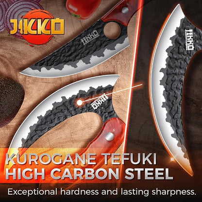 Jikko Phoenix Edition Japanese Knife Set - 3-Piece Chef Knife Set | Butcher Knives, Meat Cleaver, Butcher Knife Set | BBQ Set | Chef Knives with Hammered Blades & Maple Burl