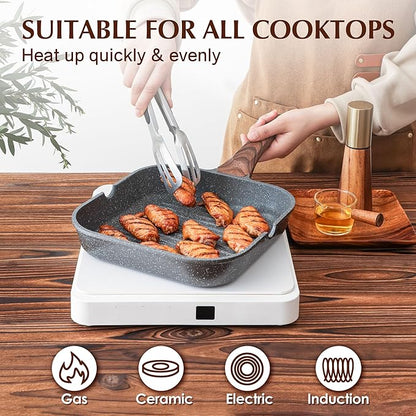 SENSARTE Nonstick Grill Pan with Lid, Grill Pan for Stove Tops, Versatile Griddle with Pour Spouts, Square Big Cooking Surface, Durable Skillet Indoor & Outdoor Grilling. PFOA Free, 9.5 Inch