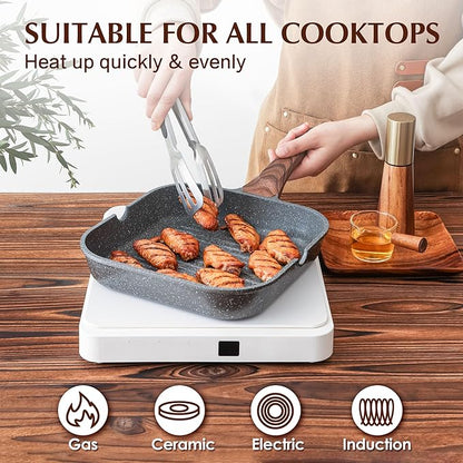 SENSARTE Nonstick Grill Pan with Lid, Grill Pan for Stove Tops, Versatile Griddle Pan with Pour Spouts, Square Grill Pan for Big Cooking Surface, Grill Skillet for Indoor Outdoor Grilling. PFOA Free