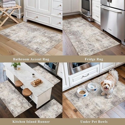 Kitchen Mats for Floor 3 Piece Set,Non-Slip Washable Kitchen Mats for Hardwood Floor, Boho Farmhouse Runner Rug for Sink,Entryway & Hallway & Bathroom (Brown Grey Beige, 2x3+2x4+2x5)