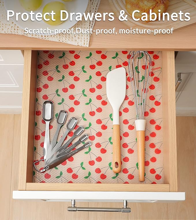 Cooyes Shelf Liner, Non-Adhesive Waterproof Shelf Paper with Fruit Pattern, Easy to Cut and Durable EVA Cabinet & Drawer Mat for Kitchen (23.6 Inch W x 118 Inch L, Red Cherry)