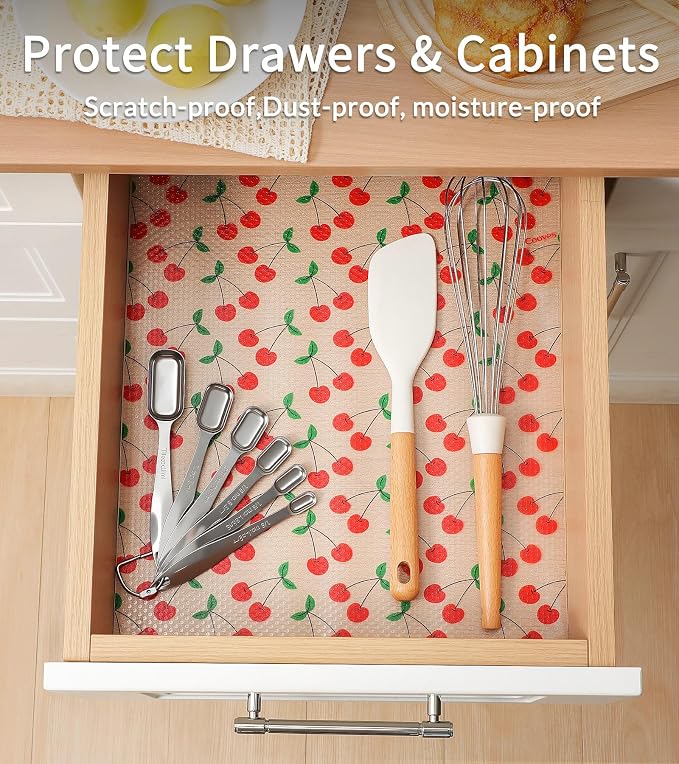 Cooyes Shelf Liner, Non-Adhesive Waterproof Shelf Paper with Fruit Pattern, Easy to Cut and Durable EVA Cabinet & Drawer Mat for Kitchen (17.5 Inch W x 197 Inch L, Red Cherry)
