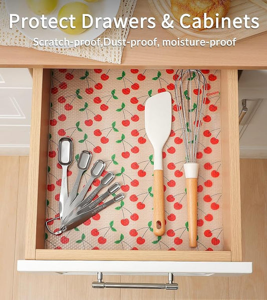 Cooyes Shelf Liner, Non-Adhesive Waterproof Shelf Paper with Fruit Pattern, Easy to Cut and Durable EVA Cabinet & Drawer Mat for Kitchen (17.5 Inch W x 197 Inch L, Red Cherry)