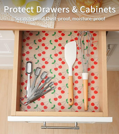 Cooyes Shelf Liner, Non-Adhesive Waterproof Shelf Paper with Fruit Pattern, Easy to Cut and Durable EVA Cabinet & Drawer Mat for Kitchen (23.6 Inch W x 236 Inch L, Red Cherry)