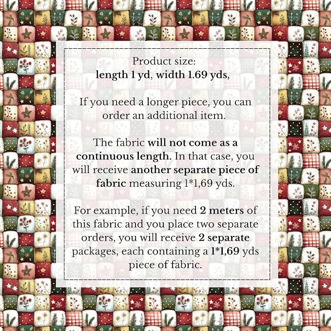 Patchwork Cotton Fabric Panel 61 x 36.6 Inches, Christmas Botanical Squares Quilt Style, 100% Cotton 140 GSM, Sewing Quilting Craft Fabric