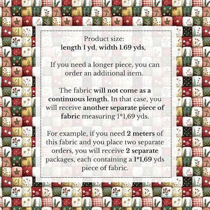 Patchwork Cotton Fabric Panel 61 x 36.6 Inches, Christmas Botanical Squares Quilt Style, 100% Cotton 140 GSM, Sewing Quilting Craft Fabric