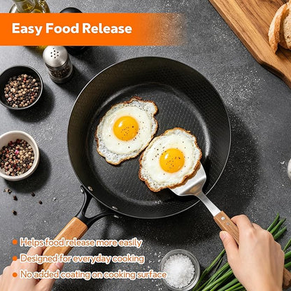 11-Inch Carbon Steel Frying Pan with Glass Lid, Pre-Seasoned Skillet with Honeycomb Interior, Deep Nonstick Fry Pan for Eggs, Omelets, Fried Rice, All Cooktops Compatible, Oven Safe 450°F