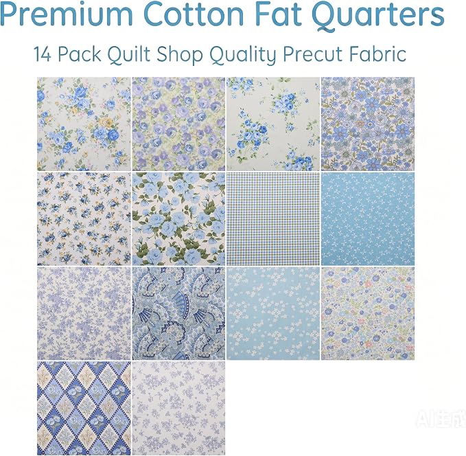 Nodsaw 14 pcs Blue Vintage Floral Printed Cotton Fat Quarters Fabric Bundles Pre-Cut 18" x 22" for Quilting, Sewing, Bags, and Crafts, Upholstery Quilt Fabric Squares for Quilting (Blue)