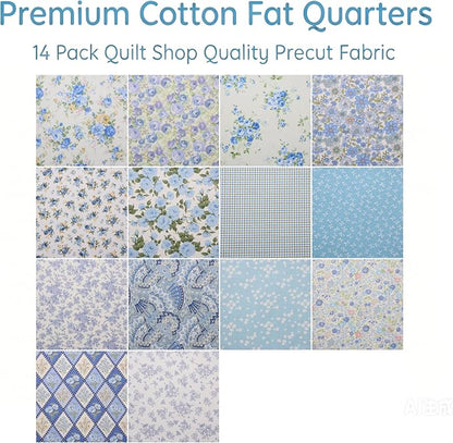 Nodsaw 14 pcs Blue Vintage Floral Printed Cotton Fat Quarters Fabric Bundles Pre-Cut 18" x 22" for Quilting, Sewing, Bags, and Crafts, Upholstery Quilt Fabric Squares for Quilting (Blue)