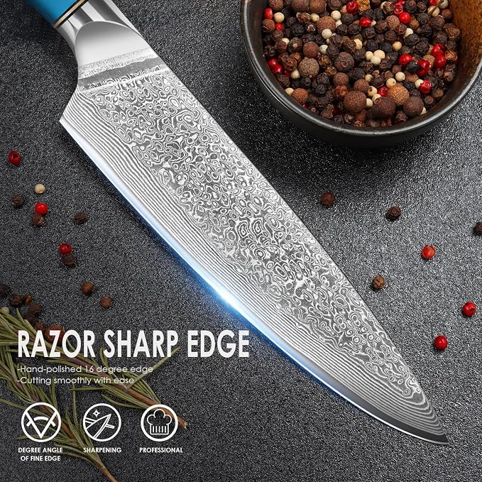 Home Safety Professional Damascus Steel Japanese Chef Knife 8 Inch Kitchen Knife VG-10 Damascus Chef's Knives – Razor Sharp Meat Cleaver with Ergonomic Natural Resin Handle Cooking Knife and Gift Box