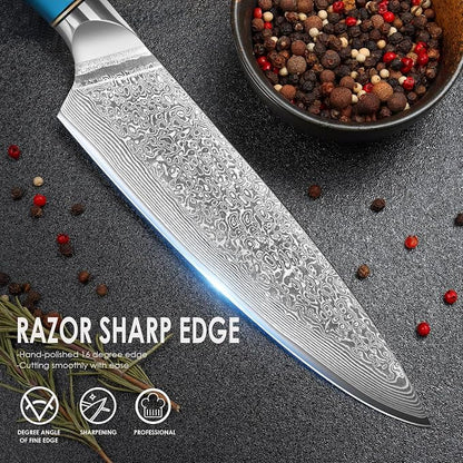 Home Safety Professional Damascus Steel Japanese Chef Knife 8 Inch Kitchen Knife VG-10 Damascus Chef's Knives – Razor Sharp Meat Cleaver with Ergonomic Natural Resin Handle Cooking Knife and Gift Box
