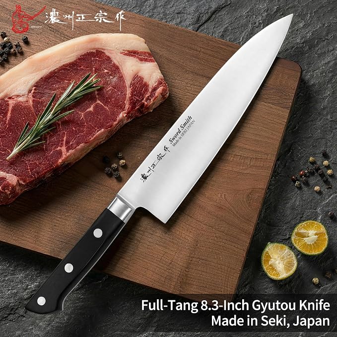 8.3 Inch Japanese Chef Knife, Made in Japan, Full Tang High Carbon Molybdenum Stainless Steel Gyuto Knife for Rock Chopping Meat, Fish and Vegetables