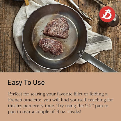 de Buyer MINERAL B Carbon Steel Fry Pan - 9.5” Diameter, 6.9” Cooking Surface - Ideal for Searing, Sauteing & Reheating - Naturally Non-Stick Finish - Made in France