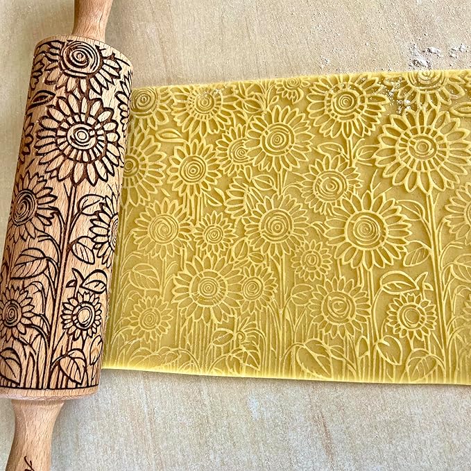 SUNFLOWER FIELD Embossed Rolling Pin for Ceramic. Clay Roller and Ceramic Stamp for Embossing Pottery. Baking Gifts for Women by Algis Crafts for Embossed Cookies
