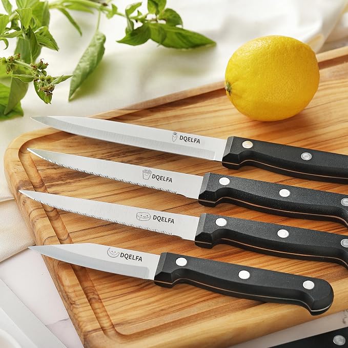 6 Piece Kitchen Knife Set, Stainless Steel Knife Set With Ergonomic Handle, Rustproof, Dishwasher Safe (Black, Fun Food Icons)