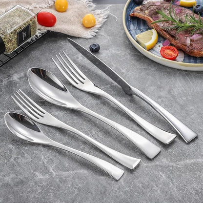 Lemeya 20 Pieces Silverware Set for 4,Heavy Duty 18/10 Stainless Steel Flatware Set with Forged Stand Knives,Modern Cutlery Utensil Set,Mirror Polished,Dishwasher Safe