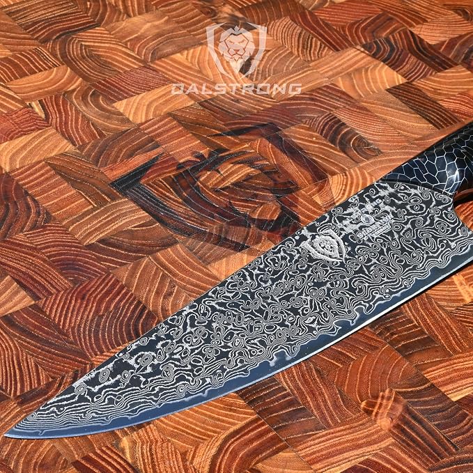 Dalstrong Chef Knife - 8 inch Blade - AUS-12V Exclusive Japanese Steel - Black Damascus Full Tang - Honeycomb Handle - Chef's Knife - Scorpion Series - Razor Sharp Kitchen - Leather Sheath