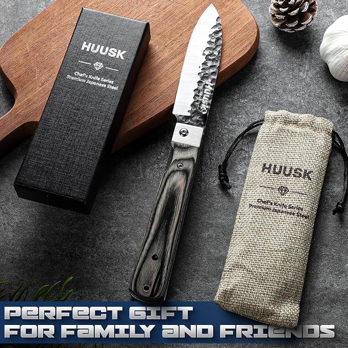 Huusk Japanese Folding Santoku Knife - Pocket Chef Knife with Hand Forged Blade - Portable Kitchen Knives for BBQ, Camping and Travel - Gift for Men and Women