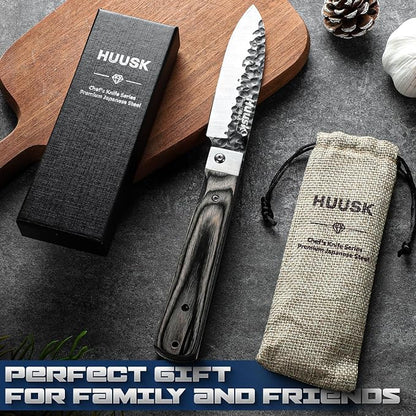 Huusk Japanese Folding Santoku Knife - Pocket Chef Knife with Hand Forged Blade - Portable Kitchen Knives for BBQ, Camping and Travel - Gift for Men and Women