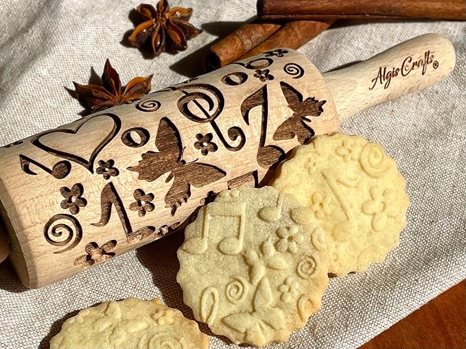 SUMMER 3 KID Rolling Pin SET. Wooden Laser Cut Mini Rolling Pins for cookies, play dough, salt dough or clay Butterfly, Music Flower by Algis Crafts