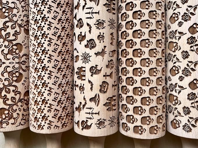 HALLOWEEN 3 Mini Embossed Rolling Pin Set. Wooden Laser Engraved Textured rolling pins for Cookies, Modeline, Ceramic with Skulls, Bats, Halloween by Algis Crafts