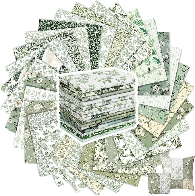 Tatuo 30 Pieces 10 x 10 Inches Sage Green Floral Quilting Fabric Bundle Cotton Squares Patchwork Vintage Greenery Floral Fabric Sewing Bundles Retro Eucalyptus Cloth for DIY Scrapbook Craft Making