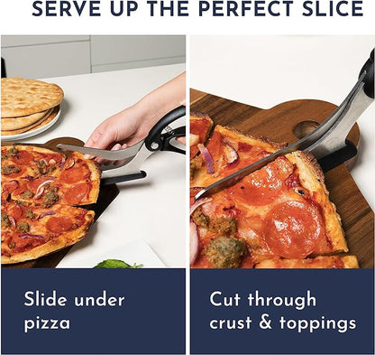 Pizza Scissors - Non-Stick Pizza Scissors with Firm Grip Base - Food Grade Stainless Steel Pizza Cutter - 5-in-1 Food Slicer & Pizza Server - Durable, Safe & Mess Free