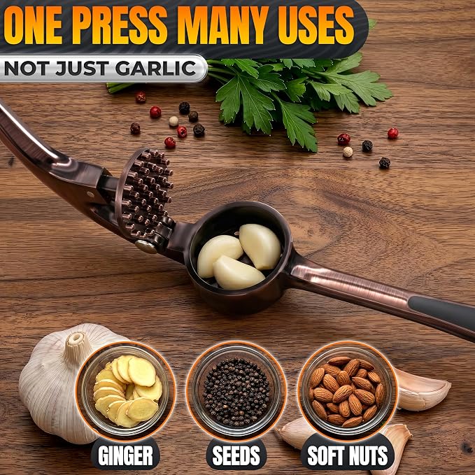 Stainless Steel Garlic Press Set with Silicone Garlic Peeler and Cleaning Brush - Ginger Mincer with 37 Built-In Studs, Rust-Resistant, Ergonomic Handle, No Peel Needed, Dishwasher Safe, Copper Color