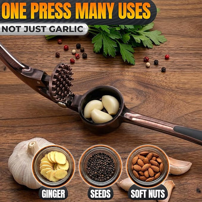 Stainless Steel Garlic Press Set with Silicone Garlic Peeler and Cleaning Brush - Ginger Mincer with 37 Built-In Studs, Rust-Resistant, Ergonomic Handle, No Peel Needed, Dishwasher Safe, Copper Color