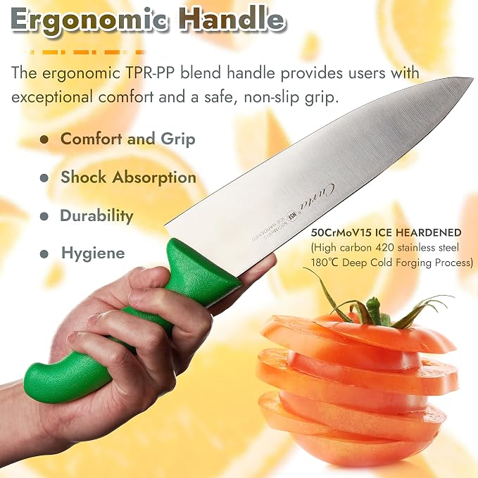 CURTA 8-inch Commercial-Grade Chef's Knife, NSF Listed, Ergonomic, Non-slip Brown Handle, High Carbon 420 Stainless Steel Forged Blade Straight Edge, Dishwasher Safe, Rust Proof