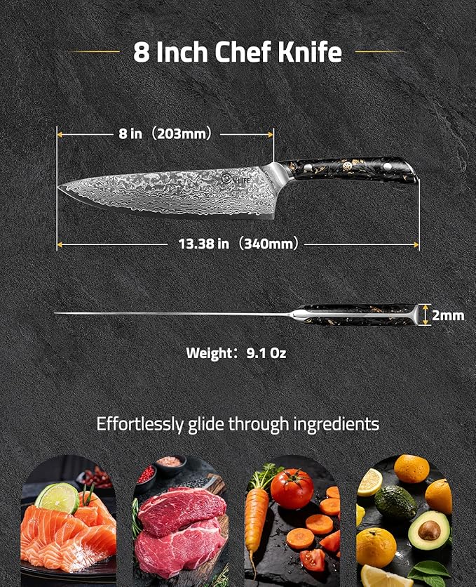 CVLIFE Chef Knife, 8 Inch Damascus Knife with Japanese High Carbon 10Cr15Mov Core, Full Tang Ergonomic Handle for Balance & Control, Razor Sharp Kitchen Knife for Cooking with Sheath & Box