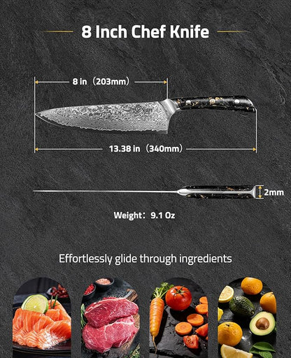 CVLIFE Chef Knife, 8 Inch Damascus Knife with Japanese High Carbon 10Cr15Mov Core, Full Tang Ergonomic Handle for Balance & Control, Razor Sharp Kitchen Knife for Cooking with Sheath & Box