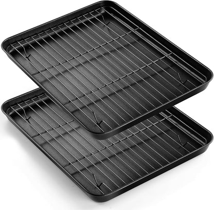 E-far Nonstick Baking Sheet with Rack Set, 12.5 x 9.5 x 1 Inch Cookie Sheet Baking Pans with Cooling Racks, Warp Resistant & Heavy-Duty, Non-Toxic & Easy Clean (2 Pans + 2 Racks)