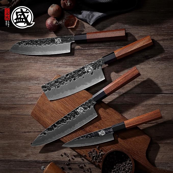 MITSUMOTO SAKARI 4-Piece Japanese Chef Knife Set, 9Cr18MoV Steel | Gyuto, Santoku, Nakiri and paring knives, 3-layer 9Cr18MoV steel, rosewood handles, sandalwood box