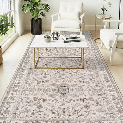4x8 Rug Washable for Entryway Kitchen – Non-Slip Rubber Backed Area Rug for Hallway Bedroom Living Room Office,Boho Floral Low Pile Thin Floor Indoor Mat (Beige,4x8)