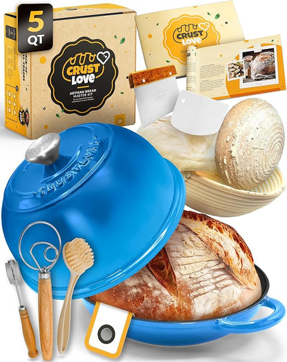 CRUSTLOVE Dutch Oven Bread Baking - 5QT Enamel Bread-Dome - incl Sourdough Bread-Baking Suppliers like Dough Whisk Scoring Lame etc Bread-Oven Cast Iron for Sour dough Bread-Pan with Lid, Bread-making