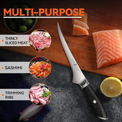 TUO Fillet Knife, 7 Inch Professional Fish Boning Knife for Trimming Meat & Poultry, Flexible Blade, High Carbon German Steel, Riveted Handle - Falcon Series