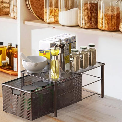 Deco Brothers Stackable Pull Out Cabinet Sliding Basket with Dividers, Large, Bronze