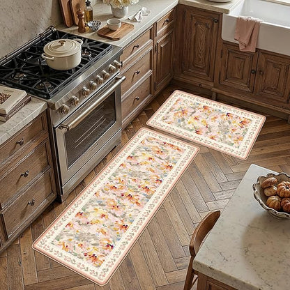 Anti Fatigue Kitchen Mats 2PCS Thick Non Slip Cushioned Rugs Beige Abstract Floral Waterproof Comfort Standing Mats for Floor Sink Laundry Office 17.3"×47"+17.3"×30"