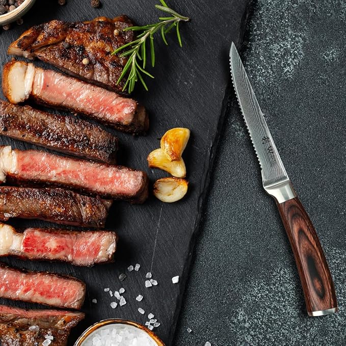 Wakoli EDIB 4-Piece Damascus Steak Knife Set, VG10 Core 67-Layer Damascus Steel Steak Knives with Pakkawood Handles, Premium Dining Cutlery Gift Box for Steak, Meat, Roasts & Poultry, Hand Wash Only